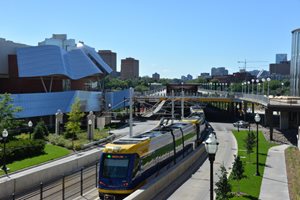Minneapolis East Bank of the University of Minnesota. METRO Green Line transitway. METRO Green Line transitway on the East Bank of the University of Minnesota