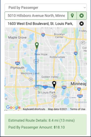 Screengrab of a mapped route on the iHail app.