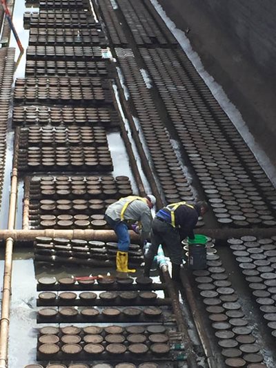 ceramic bubble diffusers at the bottom of aeration tanks.