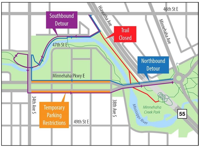 Map of the trail closure and detour routes near the park. From the north, the trail detours south of 46th to the west on an existing path, south on 34th Avenue, and east on Minnehaha Parkway. Northbound route is reversed.