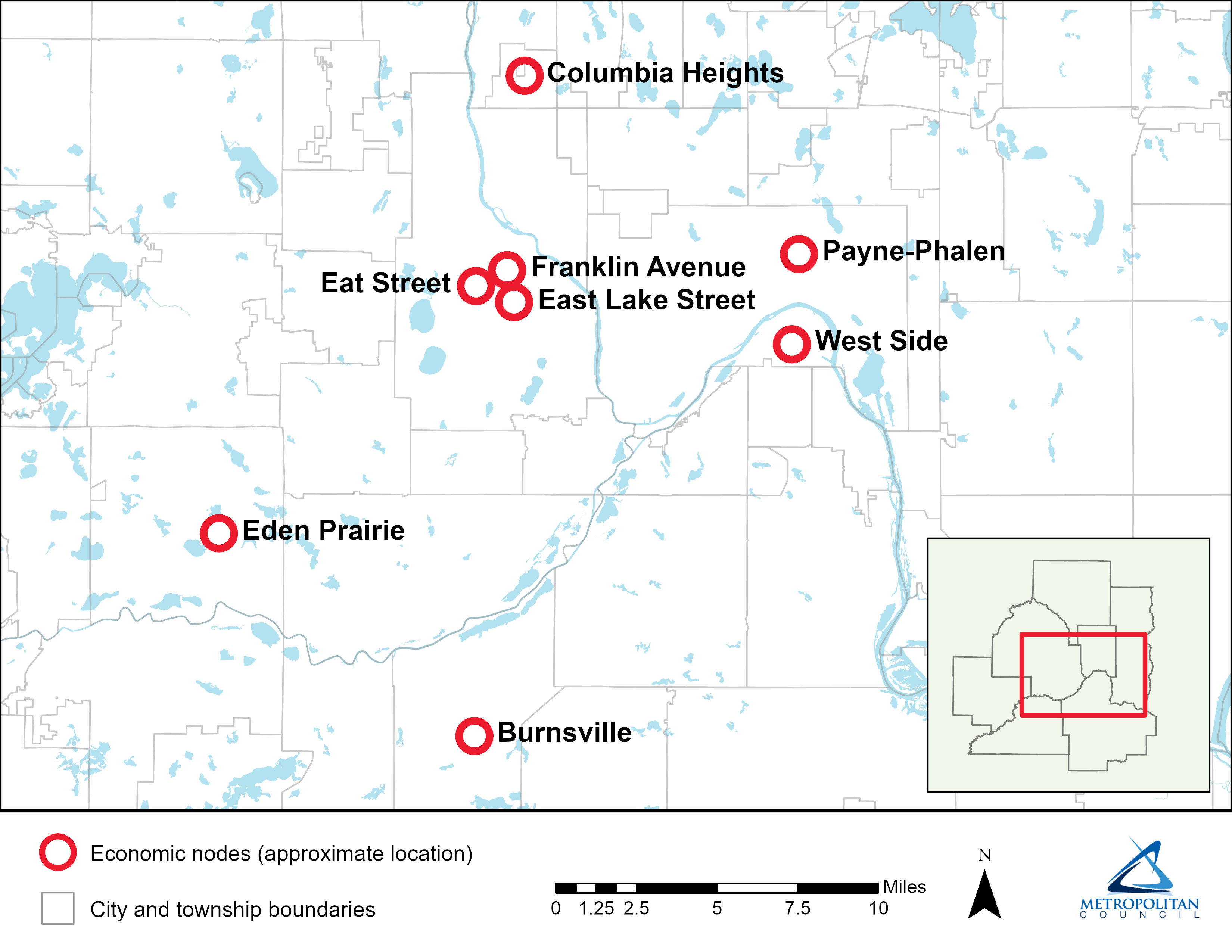 A map of the eight economic nodes in the Small Business Voices project