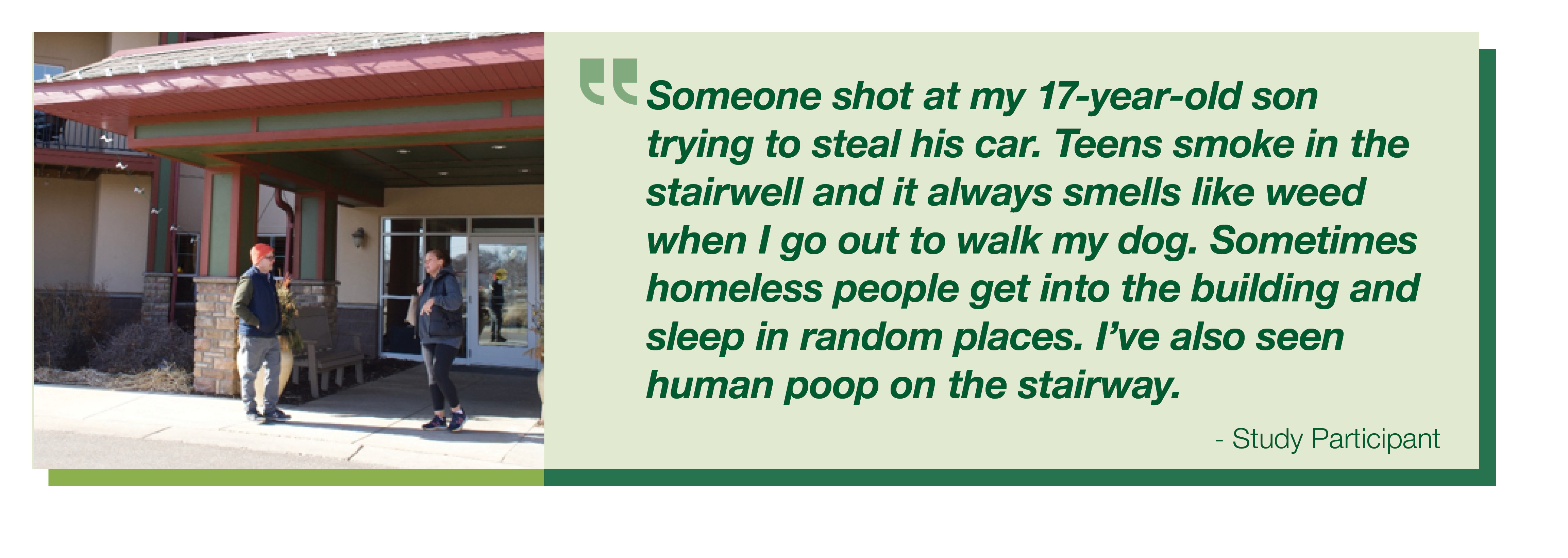 A study participant describes negative experience where the live such as shootings, smoking, and encounters with unhoused people