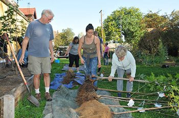 Volunteers prepare tree saplings for planting.