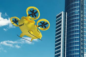 Bright yellow air taxi flies near blue glass skyscraper.