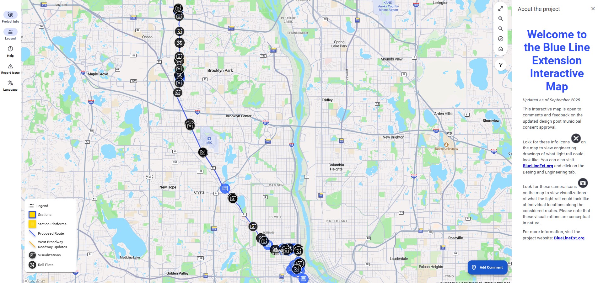 Interactive map of Blue Line Extension route options.