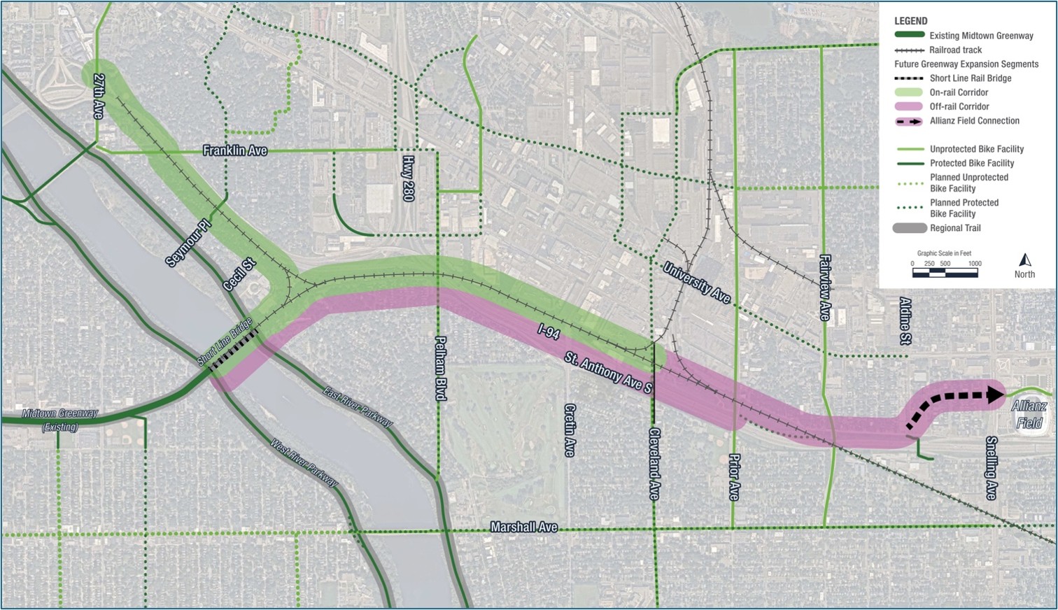 Bicycle and pedestrian trail extending the existing Midtown Greenway trail across the Mississippi River into Saint Paul map
