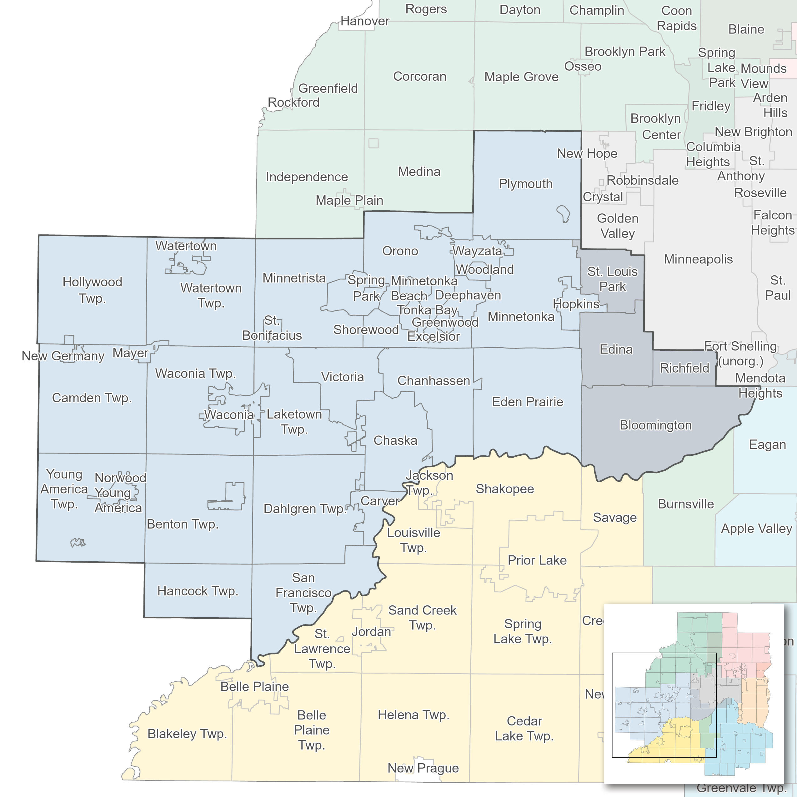 West subregional map including Hollywood Twp, New Germany, Mayer, Camden Twp, Young America Twp, Norwood Young America, Hancock Twp, San Fransisco Twp, Benton Twp, Waconia Twp, Watertown Twp, Watertown, Minnetrista, Bonifacius, Victoria, Laketown Twp, Dahlgren Twp, Carver, Chaska, Victoria, Shorewood, Sprint Park, Orono, Minnetonka Beach, Tonka Bay, Greenwood, Excelsior, Wayzata, Woodland, Chanhassen, Eden Prairie, Minnetonka, Plymouth, St. Louis Park, Edina, Richfield, Bloomington